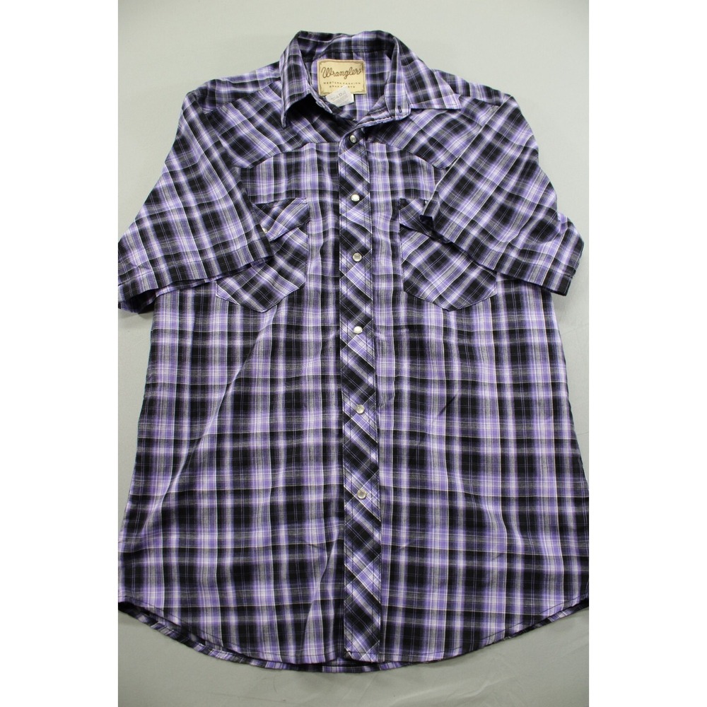 Wrangler Western Fashion Pearl Snap Shirt Short Sleeve Plaid Purple Medium Ranch